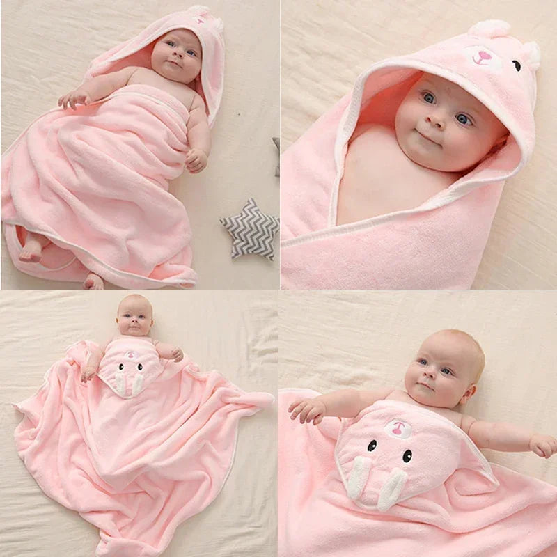 Baby Bathrobe Infant Bath Towel Boy Girl Blankets Swaddle with Hood Cartoon Coral Fleece Towel Blanket Newborn Kids Bedding