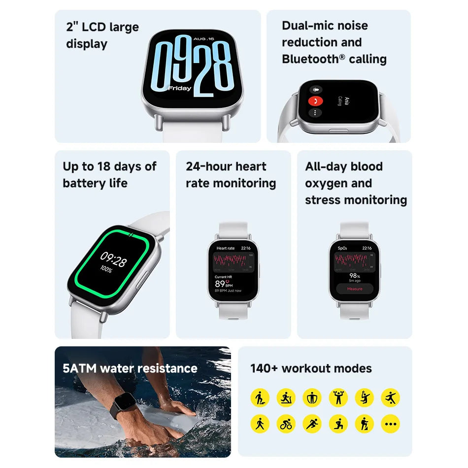 Globale Version Xiaomi Redmi Watch 5 Active 2'' Display Bis zu 18 Tage Akkulaufzeit 140+ Trainingsmodi Bluetooth-Anrufe 5ATM